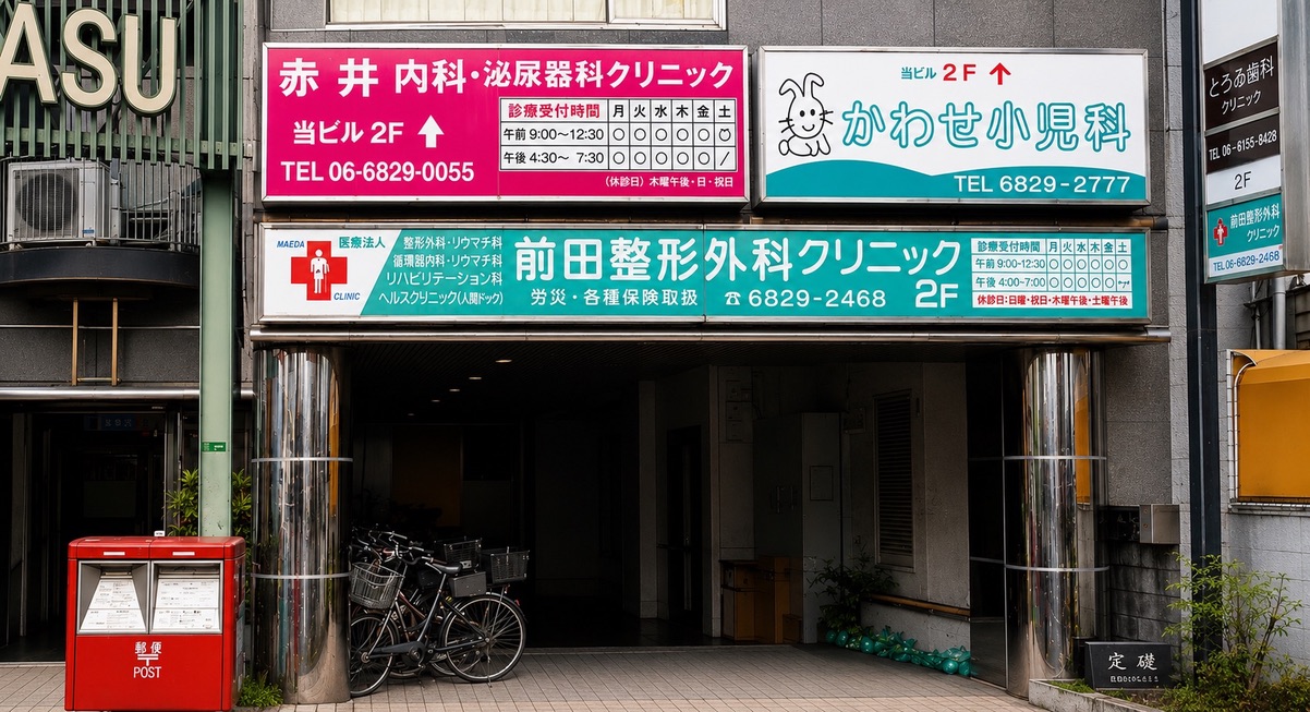 かわせ小児科の看板と、その下にある地下駐車場への入口